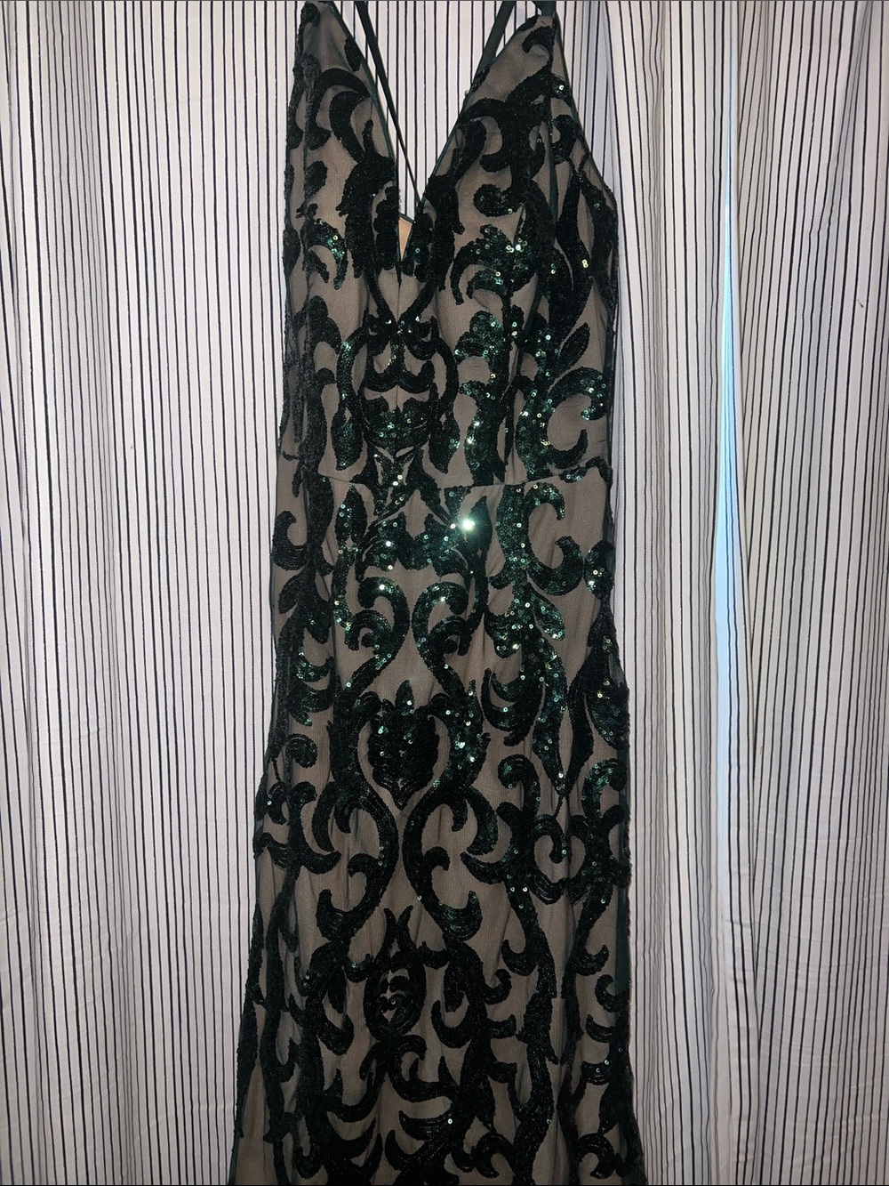 Green Sequin V-Neck Prom Dress with Black Scroll Overlay